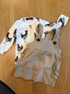 Milkbarn Cream Pinafore with White Hen-Print Bodysuit